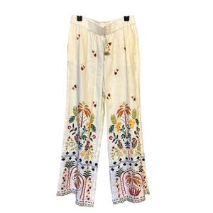 JOHNNY WAS Wide Leg Linen Pants Soller Embroidered Palm Trees Size M